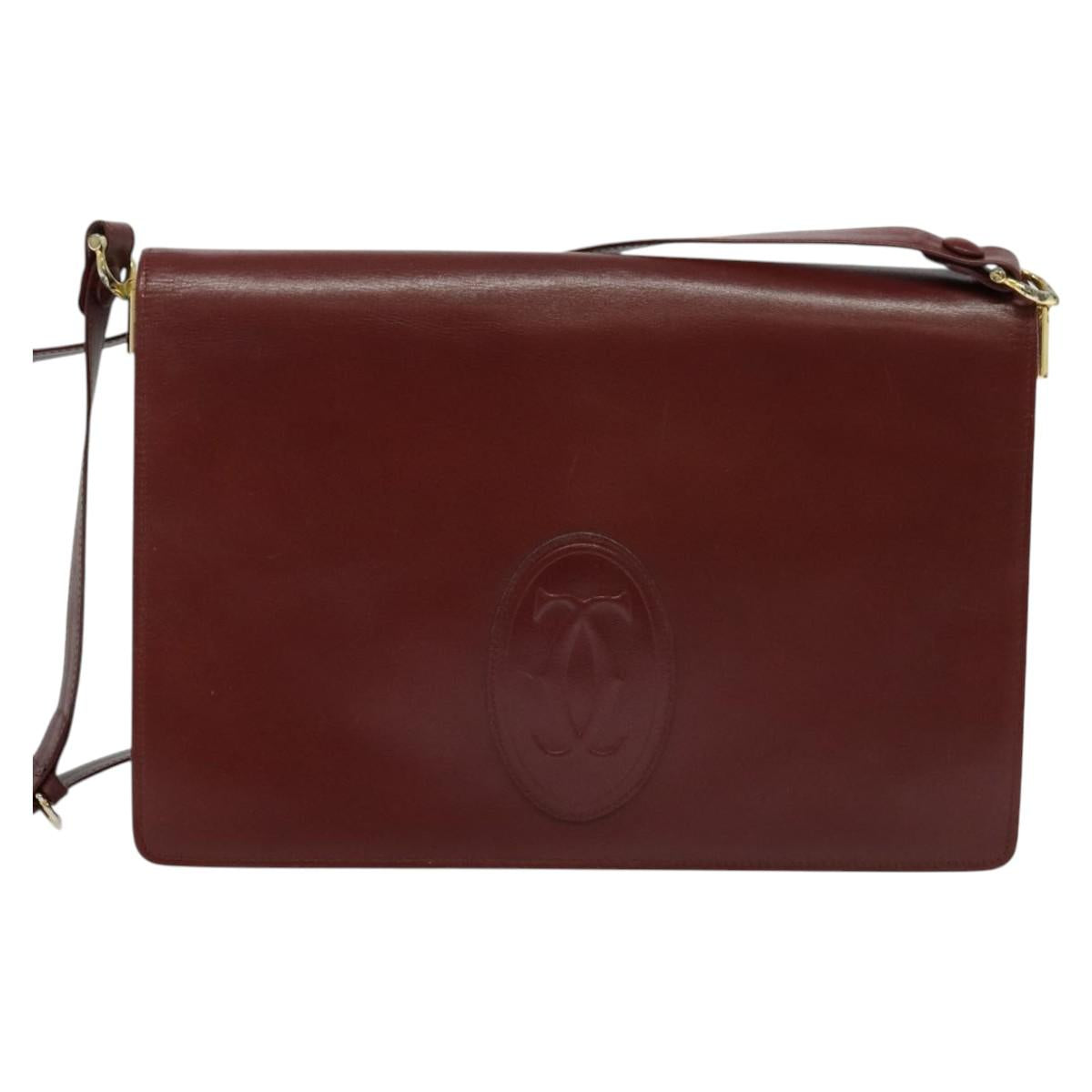 CARTIER Must Line Shoulder Bag Leather Bordeaux Gold Auth bs25166