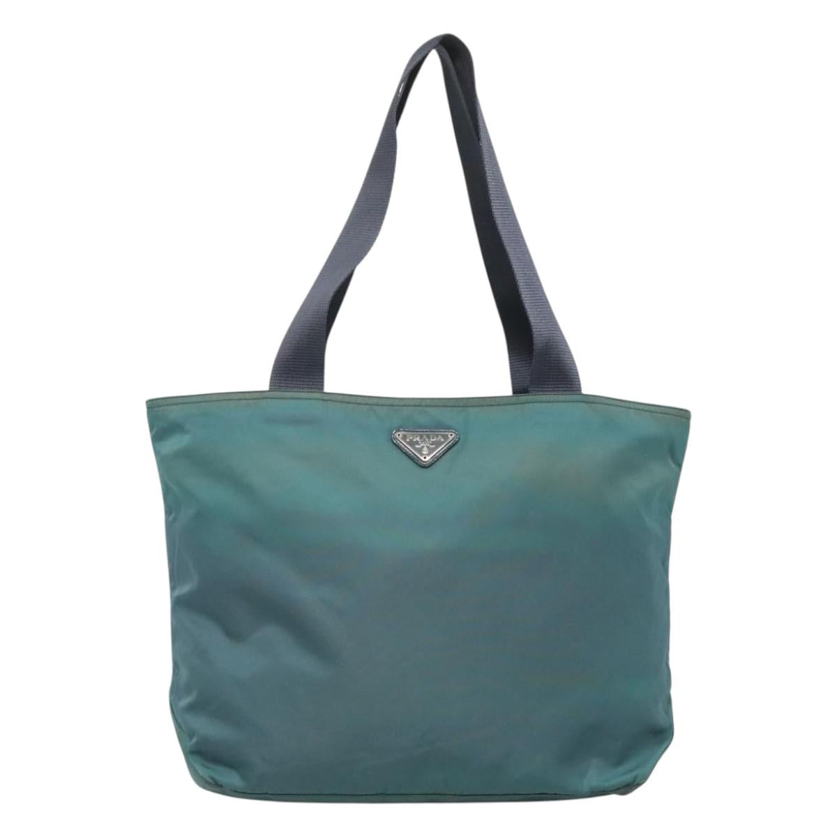 PRADA Tote Bag Nylon Turquoise Blue Silver Auth bs25180