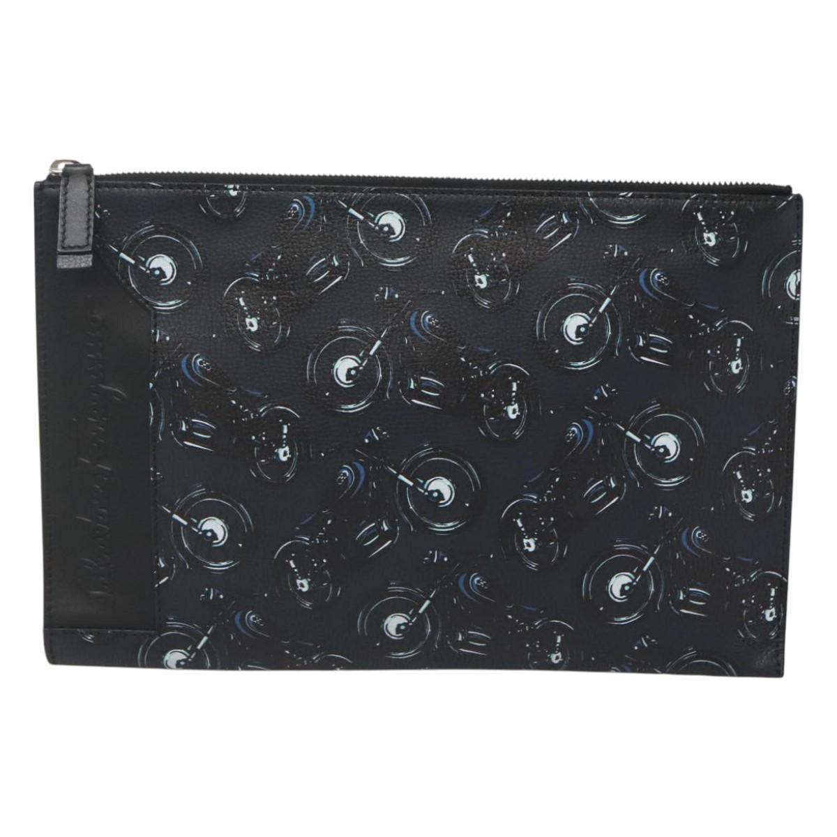 Salvatore Ferragamo Clutch Bag Leather Black Silver Auth bs25187