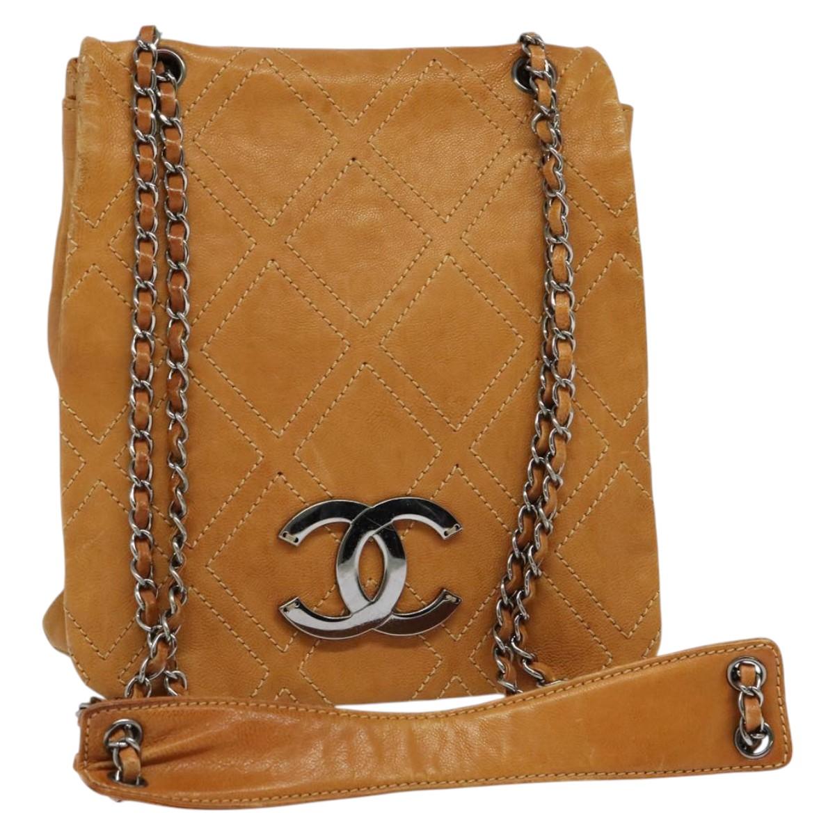 CHANEL Chain Shoulder Bag Leather Brown Silver CC Auth bs25207