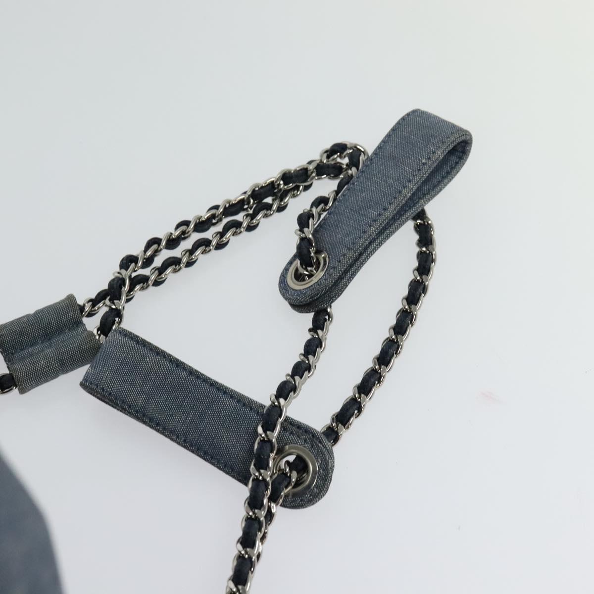 CHANEL Chain Hand Bag Canvas Blue Silver CC Auth bs25208
