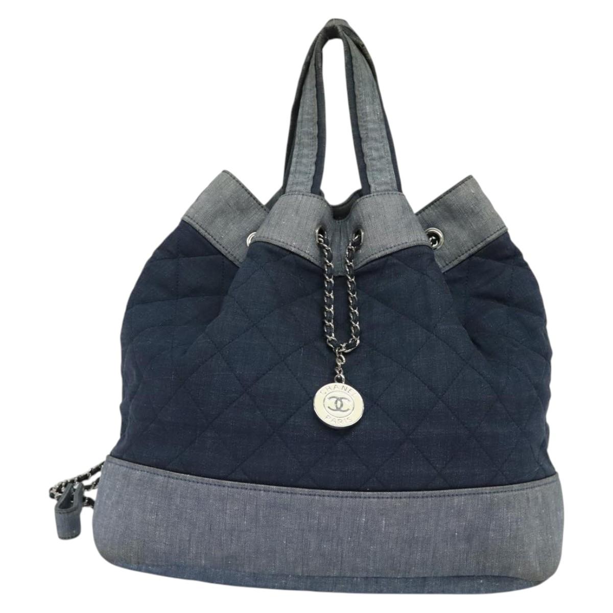 CHANEL Chain Hand Bag Canvas Blue Silver CC Auth bs25208