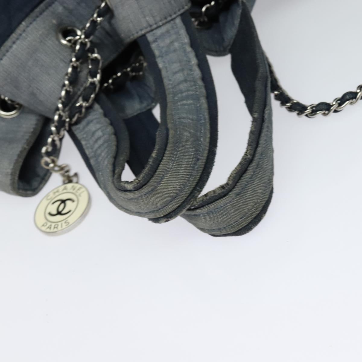 CHANEL Chain Hand Bag Canvas Blue Silver CC Auth bs25208
