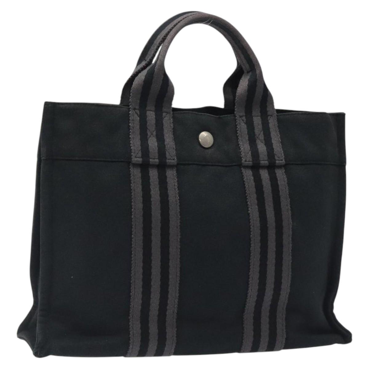 HERMES Fourre Tout PM Hand Bag Canvas Black Gray Silver Auth bs25218