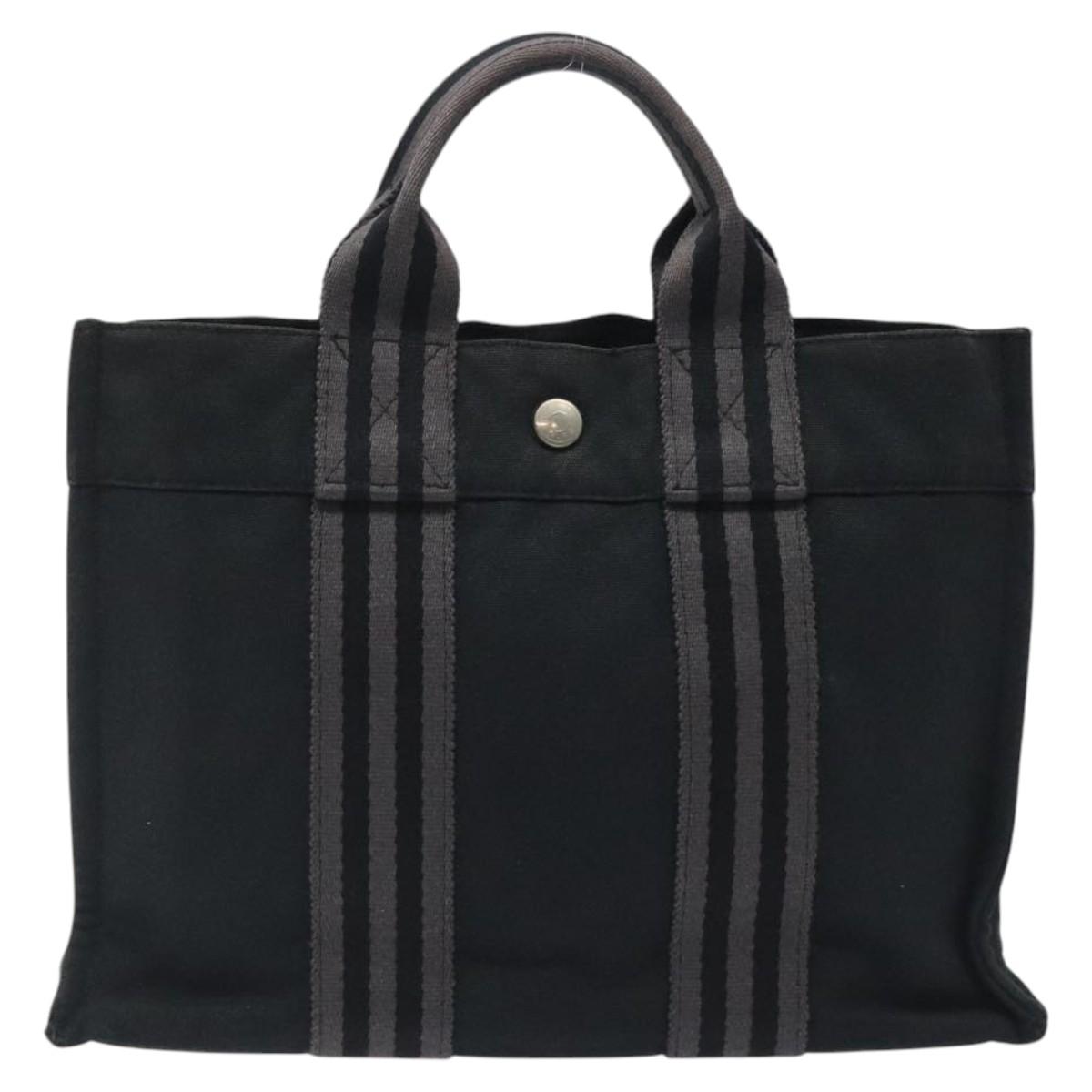 HERMES Fourre Tout PM Hand Bag Canvas Black Gray Silver Auth bs25218