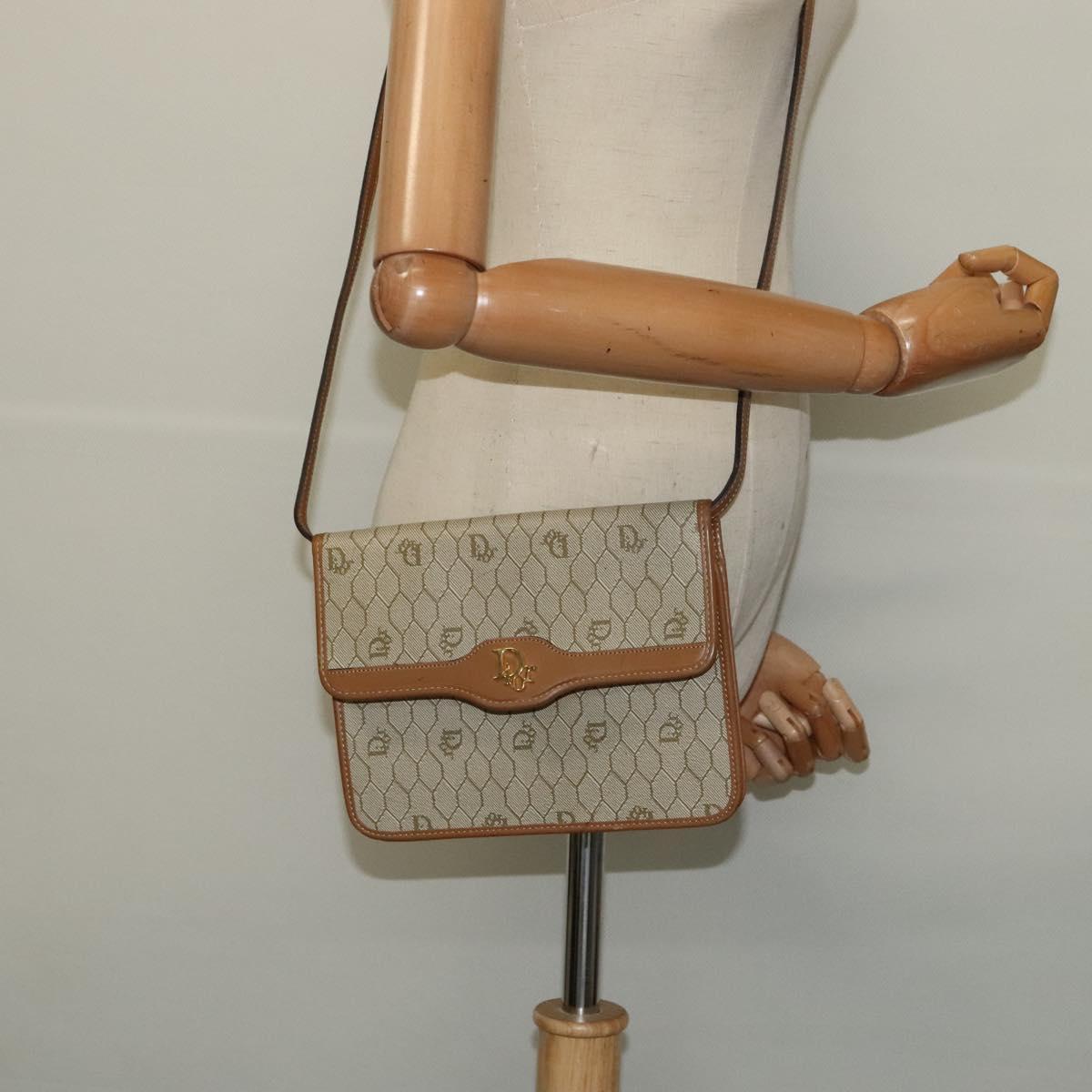 Christian Dior Honeycomb Canvas Shoulder Bag PVC Leather Beige Gold Auth bs25264