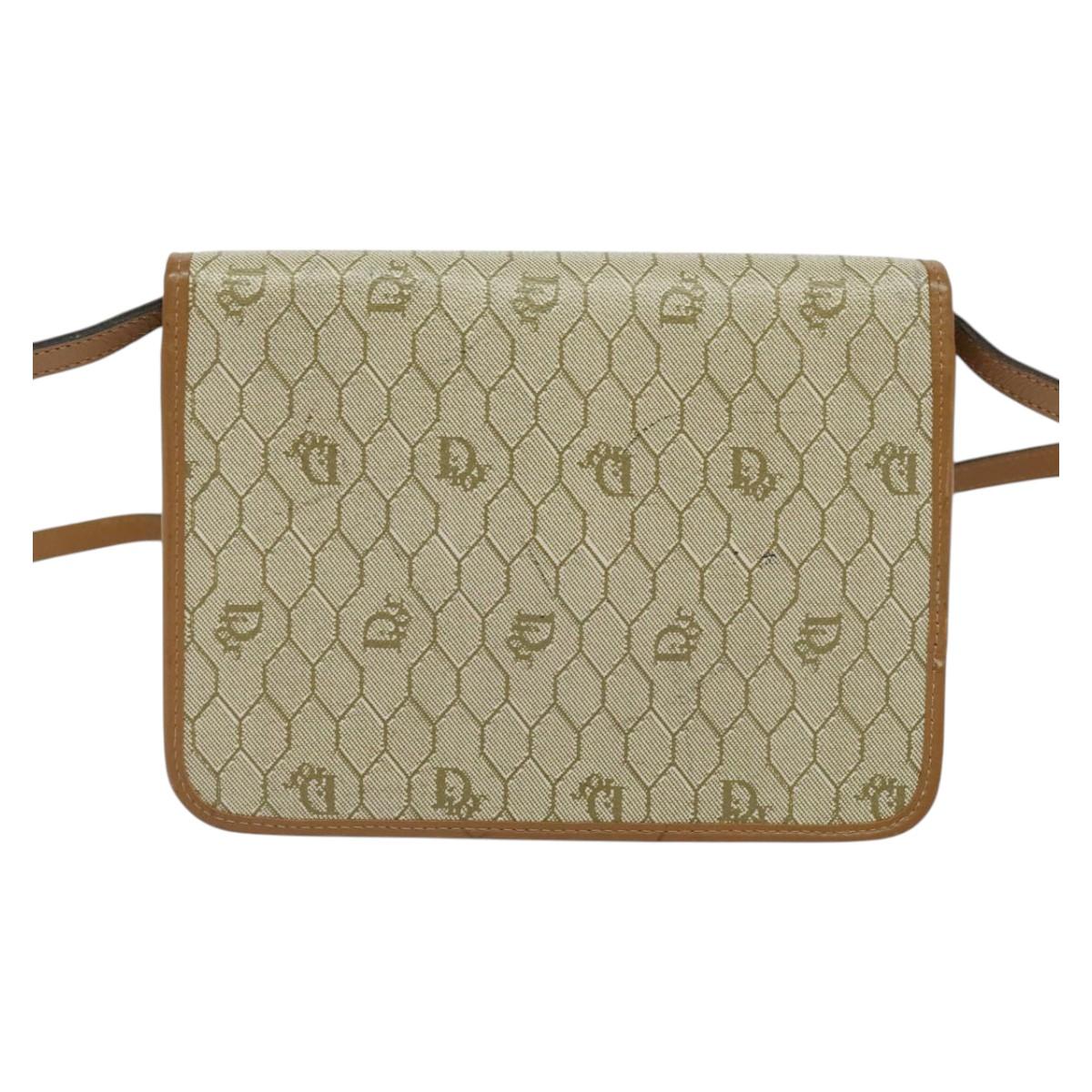 Christian Dior Honeycomb Canvas Shoulder Bag PVC Leather Beige Gold Auth bs25264