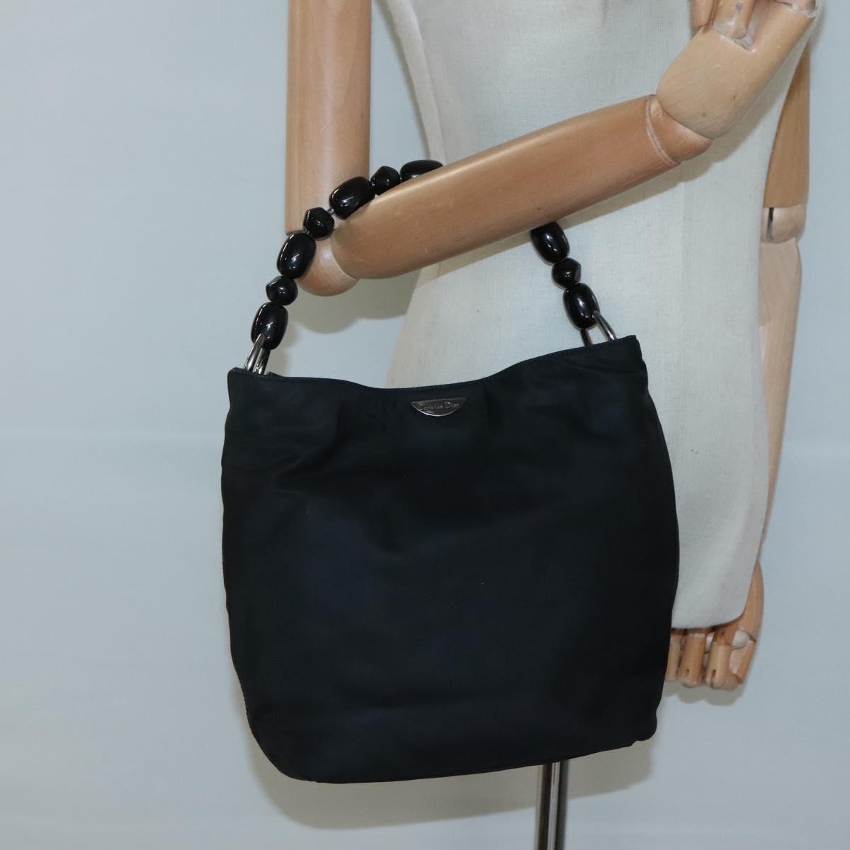 Christian Dior Maris Pearl Hand Bag Nylon Black Silver Auth bs25265