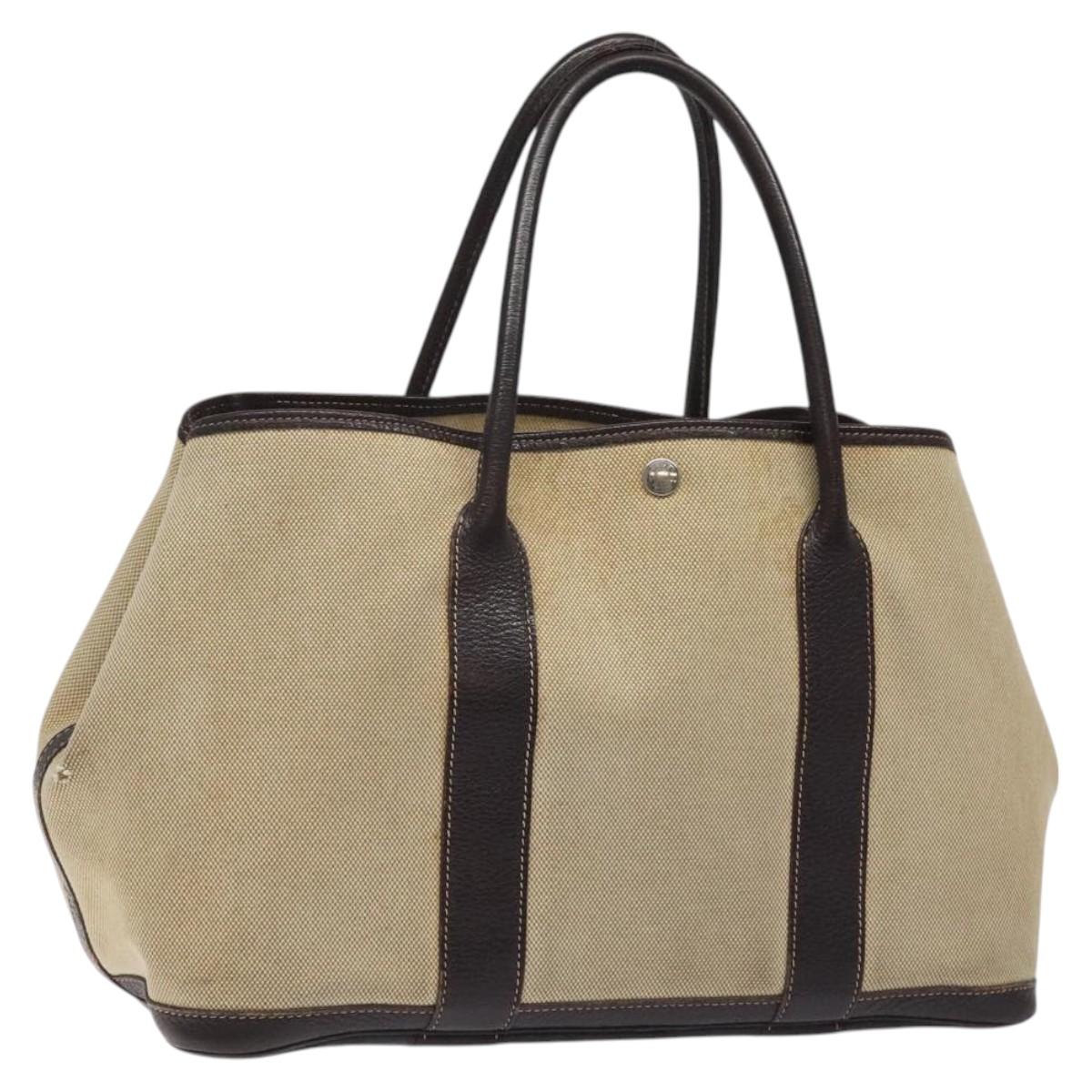 HERMES Garden Party PM Hand Bag Coated Canvas Beige Silver Auth bs25278