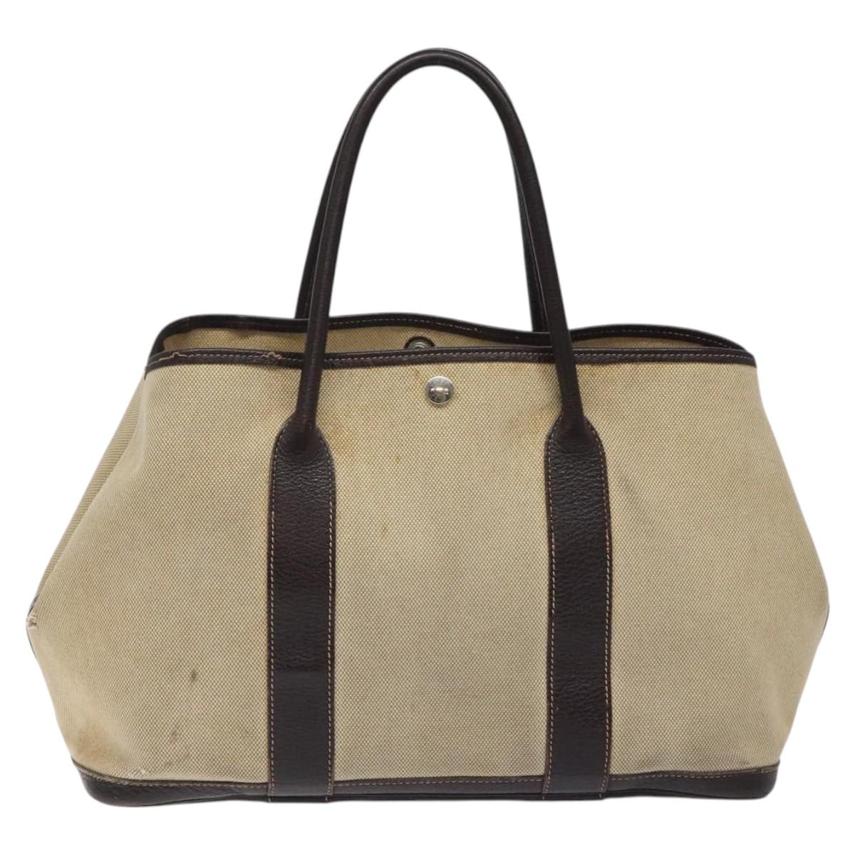 HERMES Garden Party PM Hand Bag Coated Canvas Beige Silver Auth bs25278