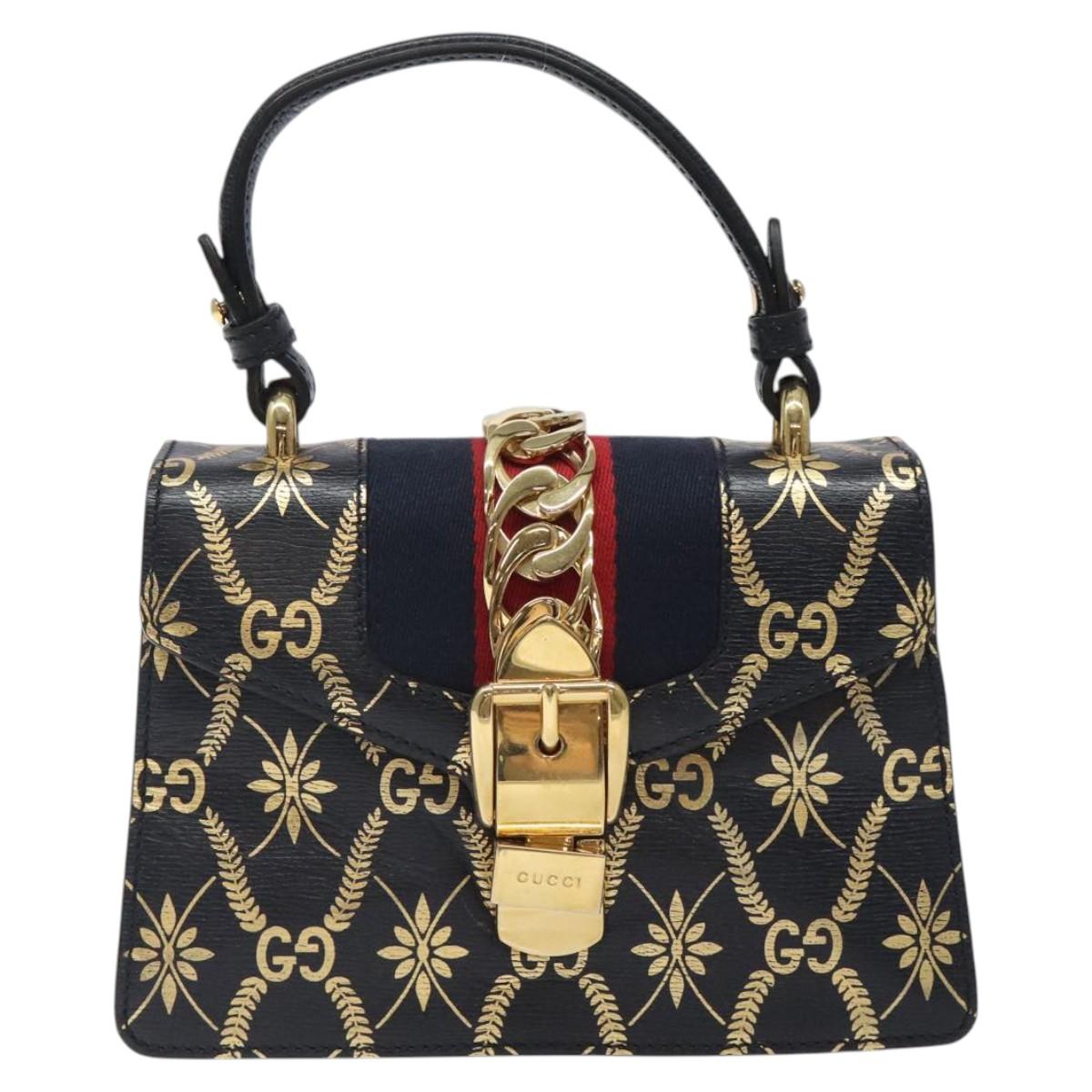 GUCCI Silvi Sherry Line Hand Bag Leather 2way Navy Gold Red 470270 Auth bs25339