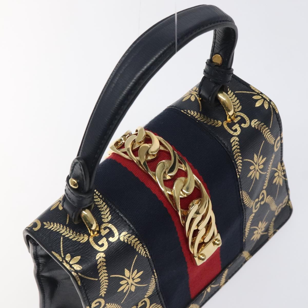 GUCCI Silvi Sherry Line Hand Bag Leather 2way Navy Gold Red 470270 Auth bs25339