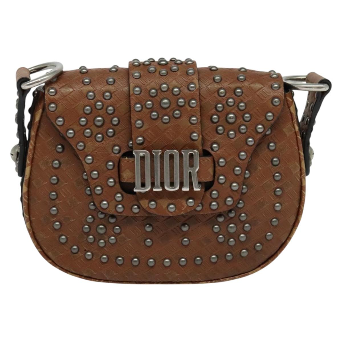 Christian Dior D FENCE Shoulder Bag Leather Brown Auth bs25342