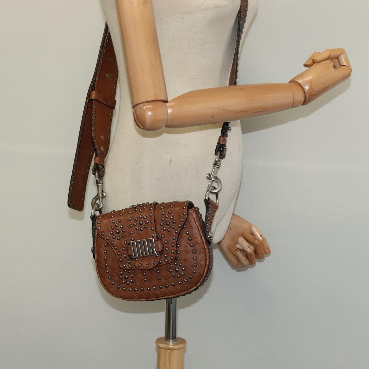 Christian Dior D FENCE Shoulder Bag Leather Brown Auth bs25342