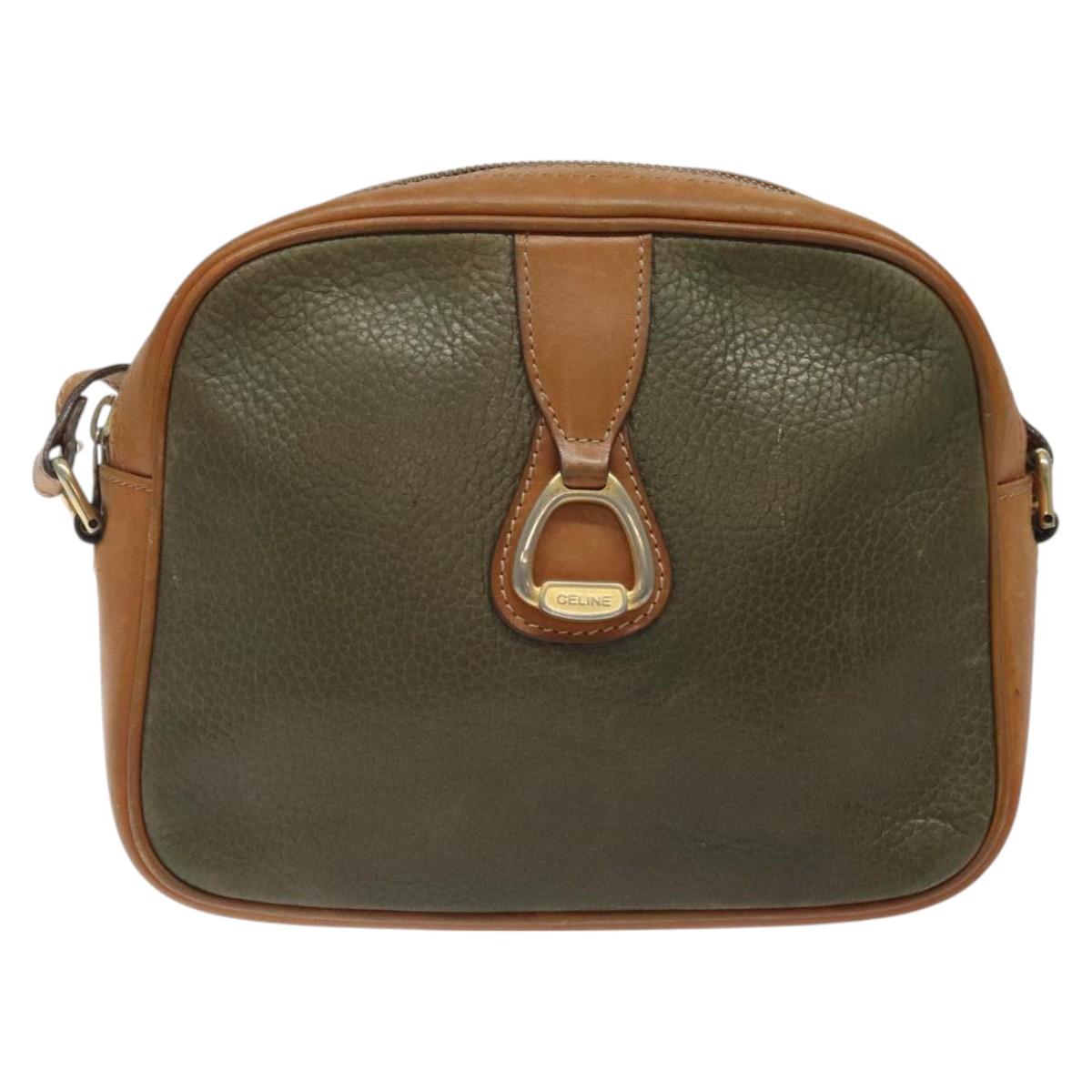 CELINE Shoulder Bag Leather Khaki Gold Auth bs25384