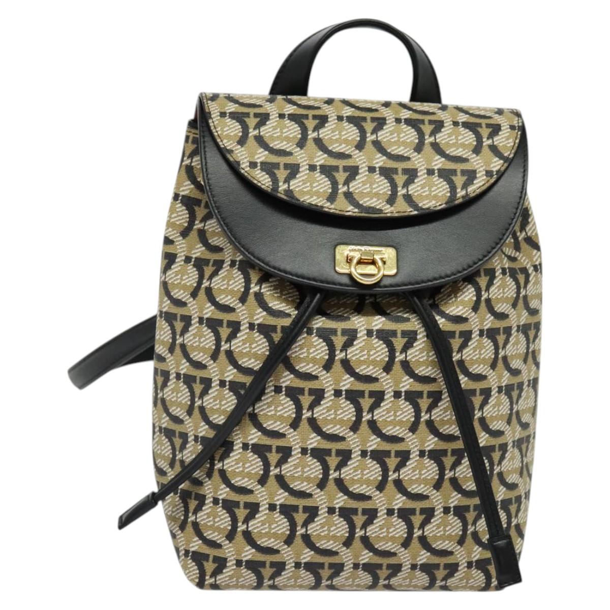 Salvatore Ferragamo Gancini Backpack PVC Leather Beige Gold Auth bs25390