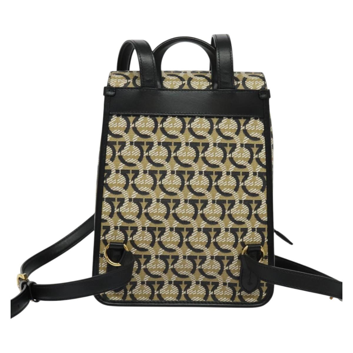 Salvatore Ferragamo Gancini Backpack PVC Leather Beige Gold Auth bs25390