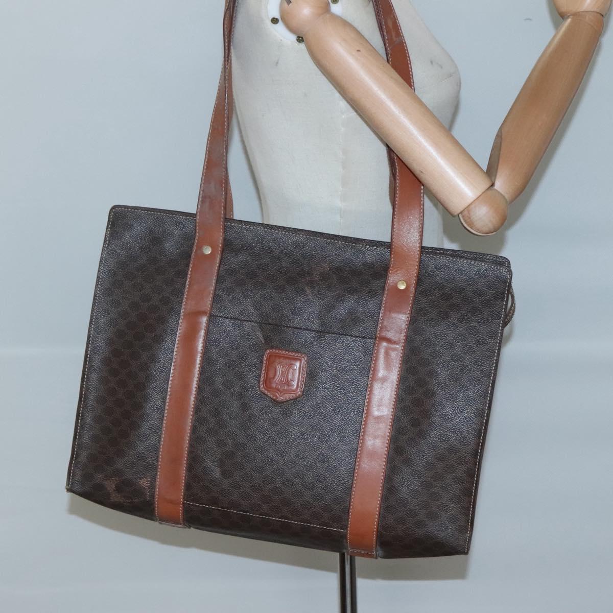 CELINE Macadam Canvas Tote Bag PVC Leather Brown Gold Auth bs25457