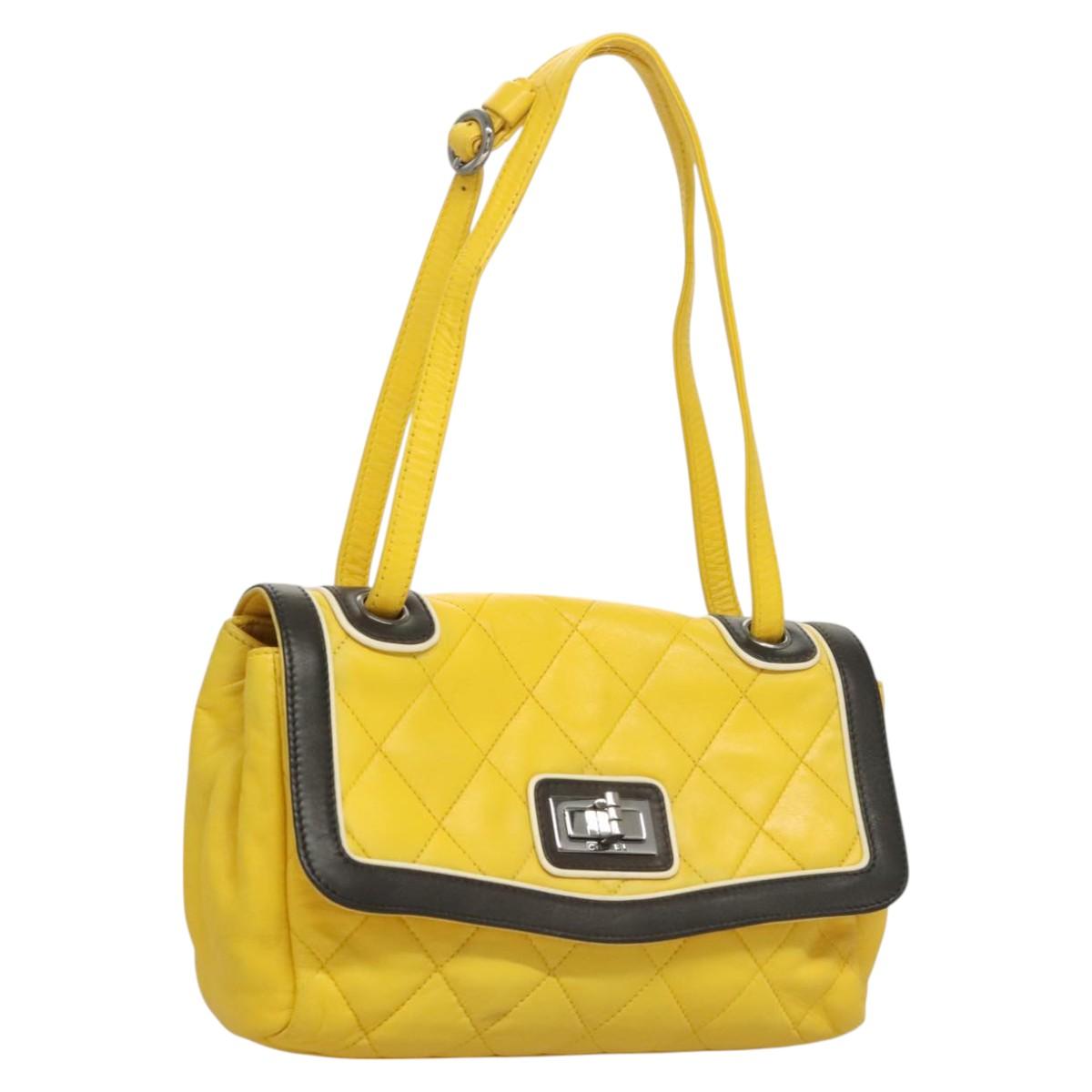 CHANEL Matelasse 2.55 Shoulder Bag Lamb Skin Yellow Silver CC Auth bs25489