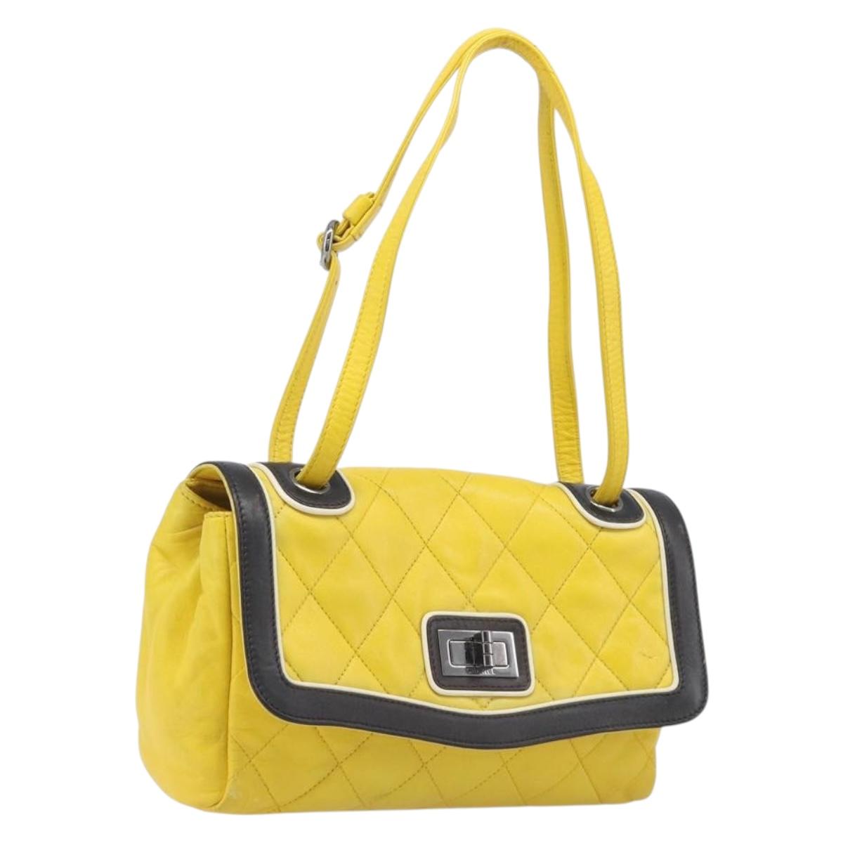 CHANEL Matelasse 2.55 Shoulder Bag Lamb Skin Yellow Silver CC Auth bs25489