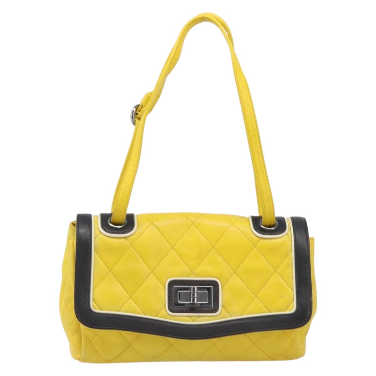 CHANEL Matelasse 2.55 Shoulder Bag Lamb Skin Yellow Silver CC Auth bs25489