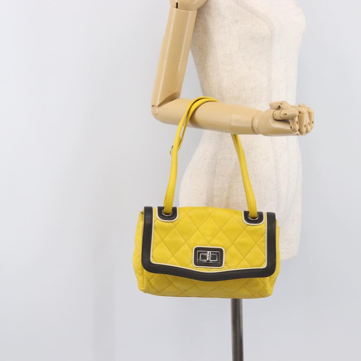 CHANEL Matelasse 2.55 Shoulder Bag Lamb Skin Yellow Silver CC Auth bs25489