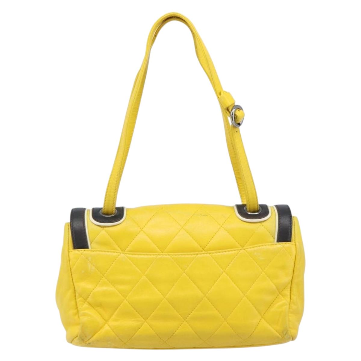 CHANEL Matelasse 2.55 Shoulder Bag Lamb Skin Yellow Silver CC Auth bs25489