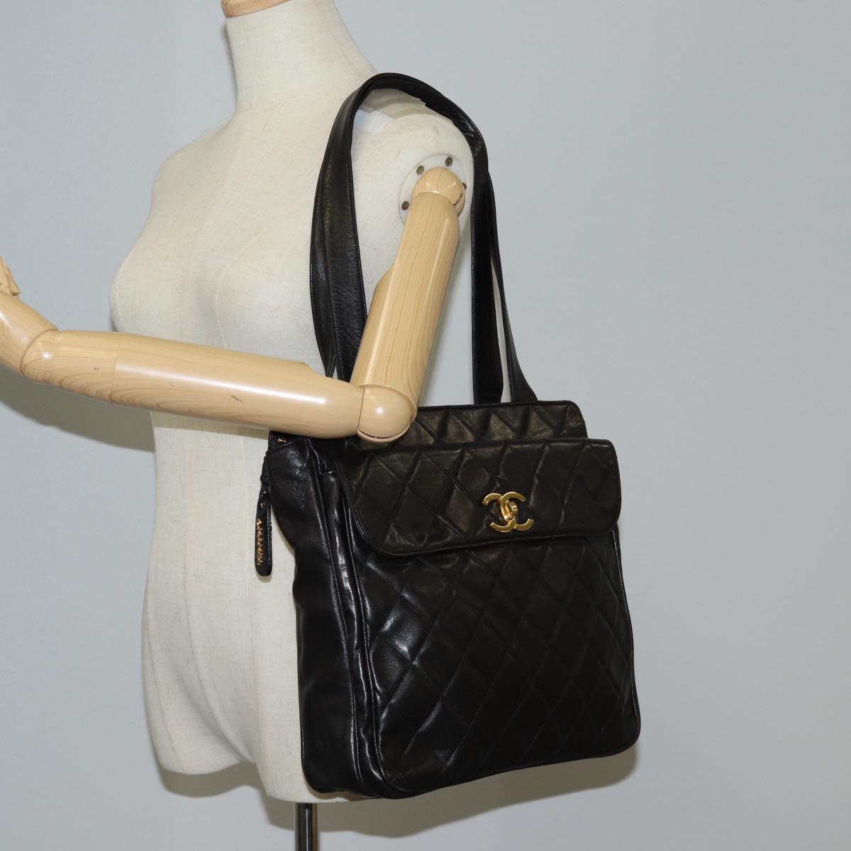 CHANEL Matelasse Tote Bag Lamb Skin Black Gold CC Auth bs25490A