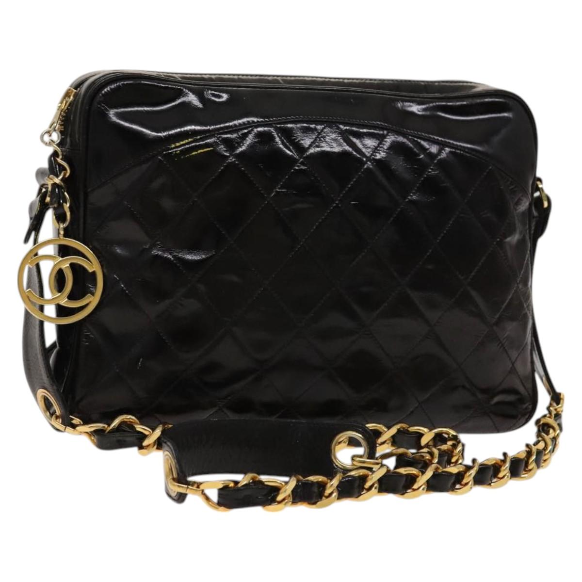 CHANEL Matelasse Chain Shoulder Bag Enamel Black Gold CC Auth bs25491