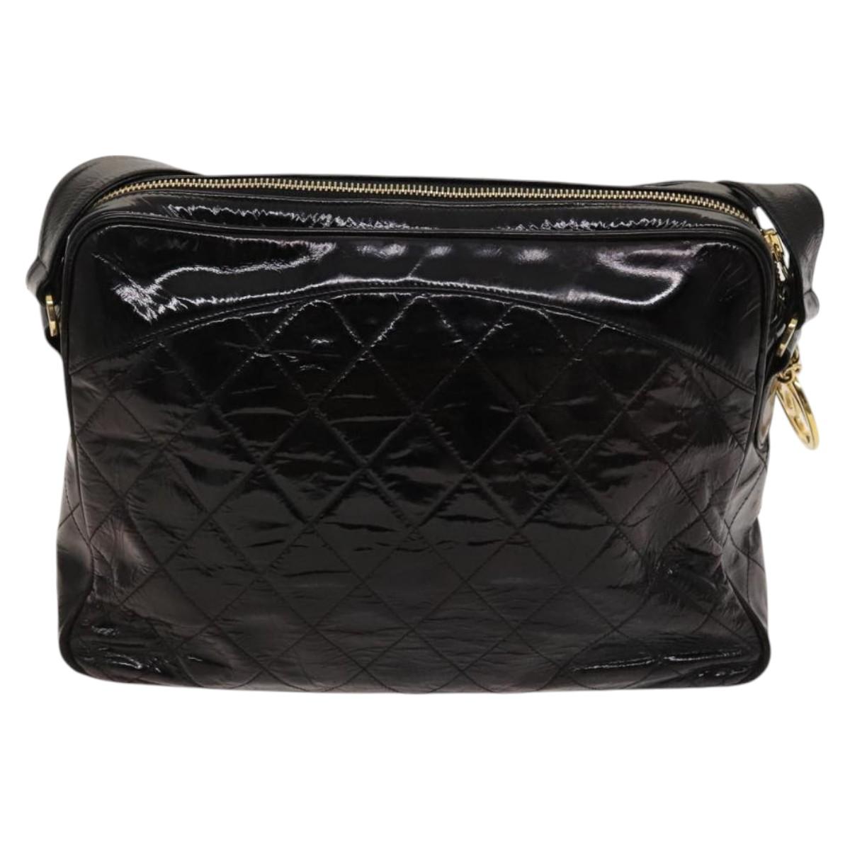 CHANEL Matelasse Chain Shoulder Bag Enamel Black Gold CC Auth bs25491