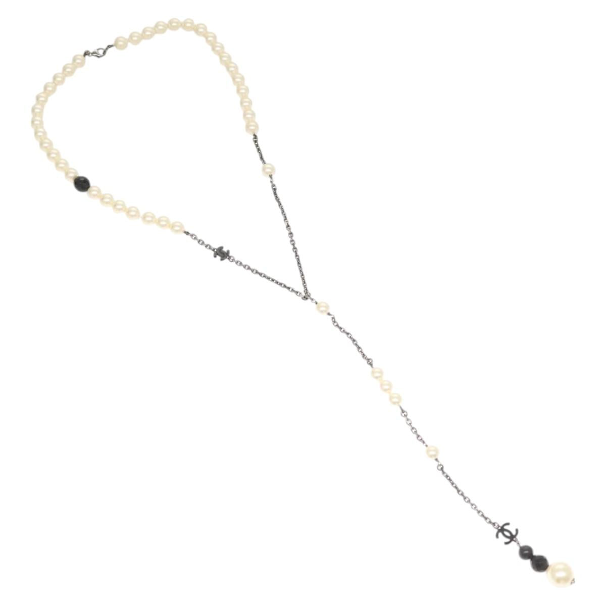 CHANEL Pearl Necklace metal White CC Auth bs25548