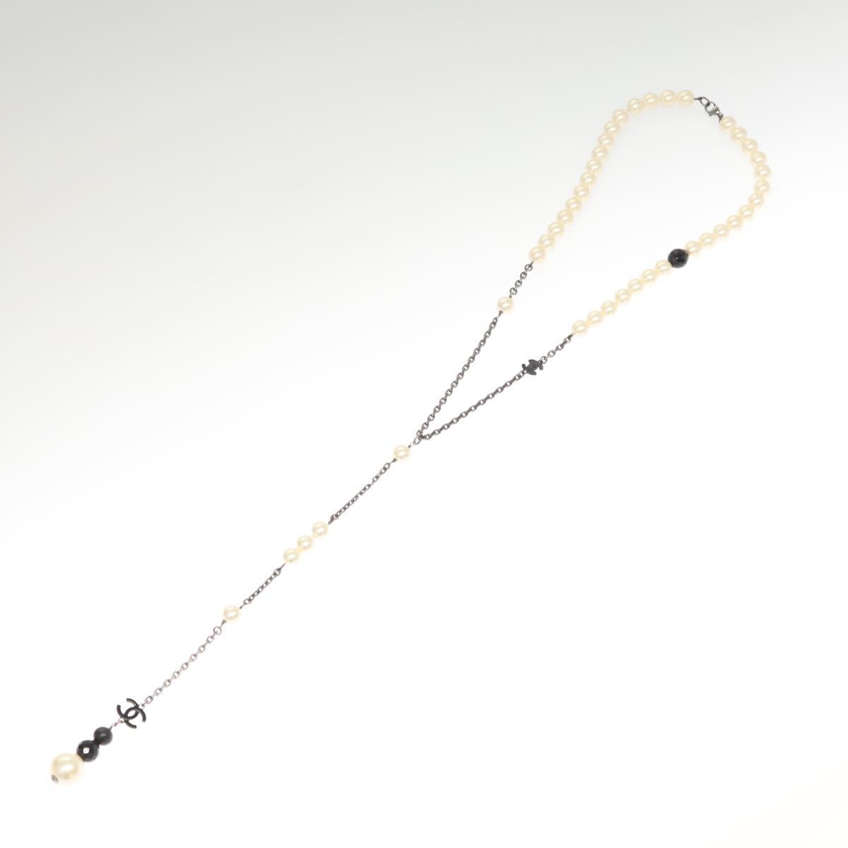 CHANEL Pearl Necklace metal White CC Auth bs25548