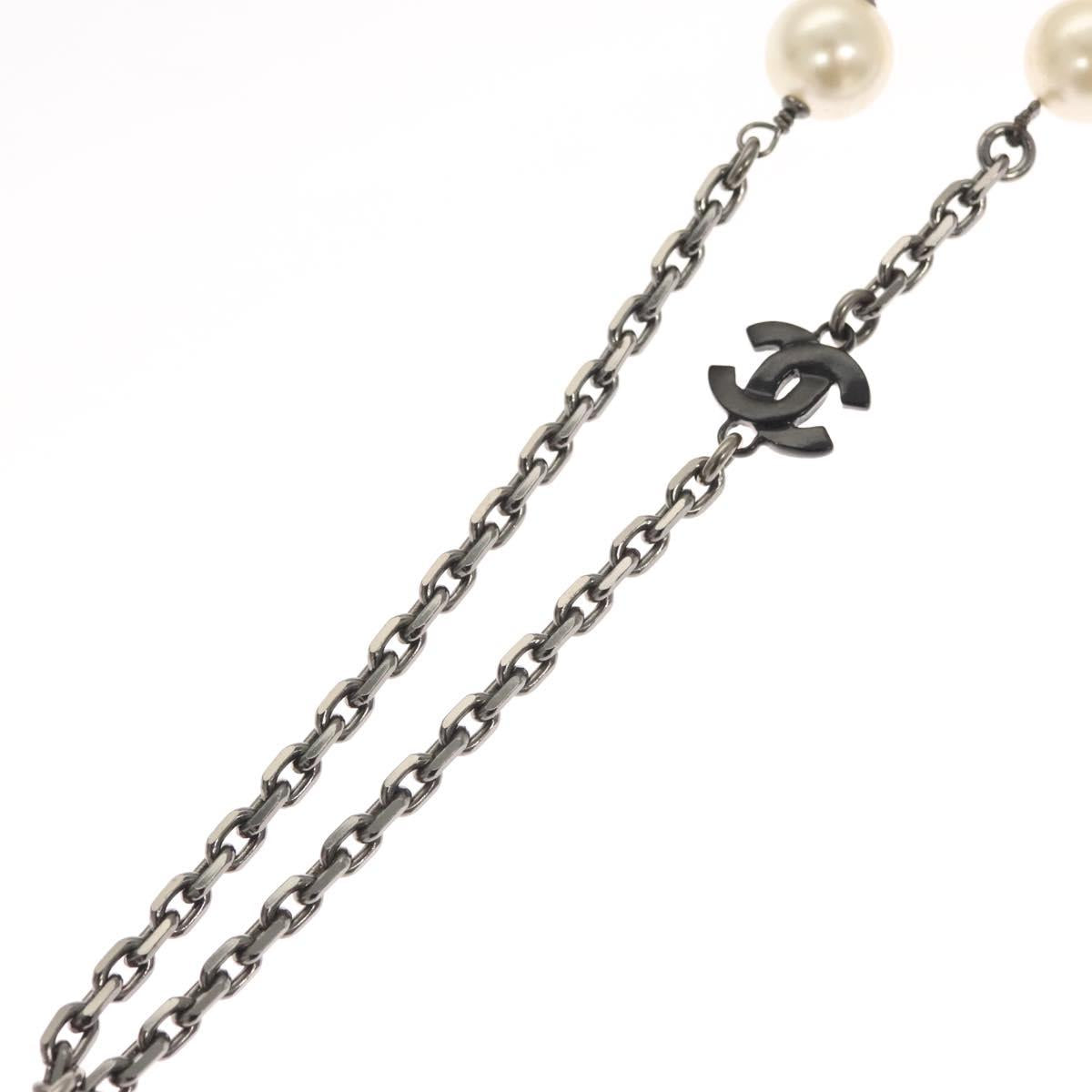 CHANEL Pearl Necklace metal White CC Auth bs25548