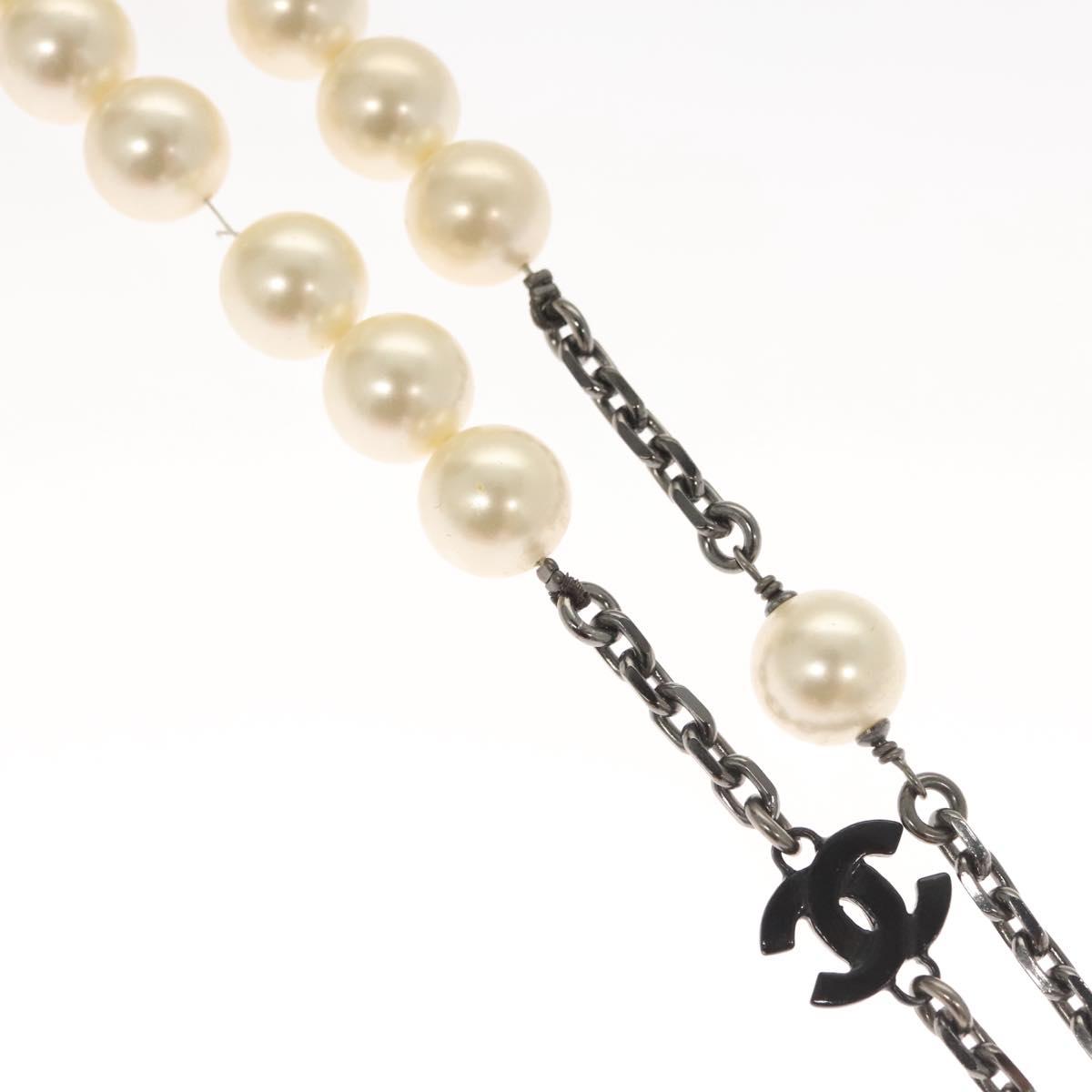 CHANEL Pearl Necklace metal White CC Auth bs25548