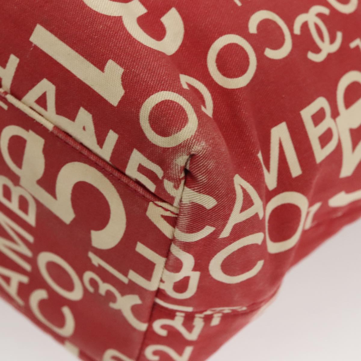 CHANEL Chain Bicy line Tote Bag Canvas Red CC Auth bs25552