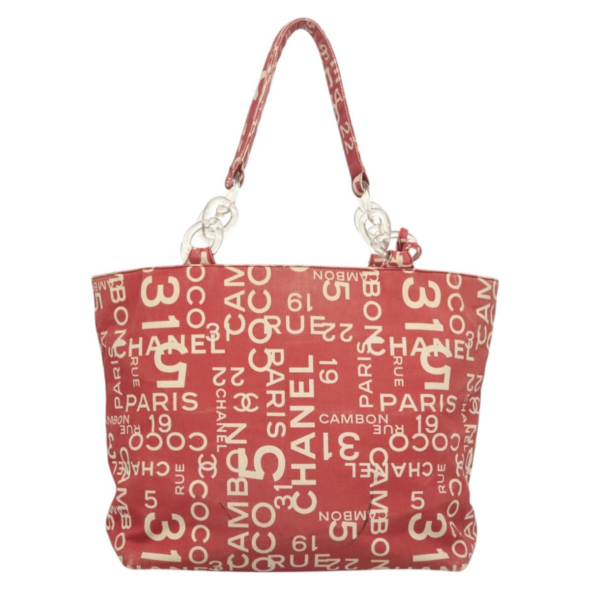 CHANEL Chain Bicy line Tote Bag Canvas Red CC Auth bs25552