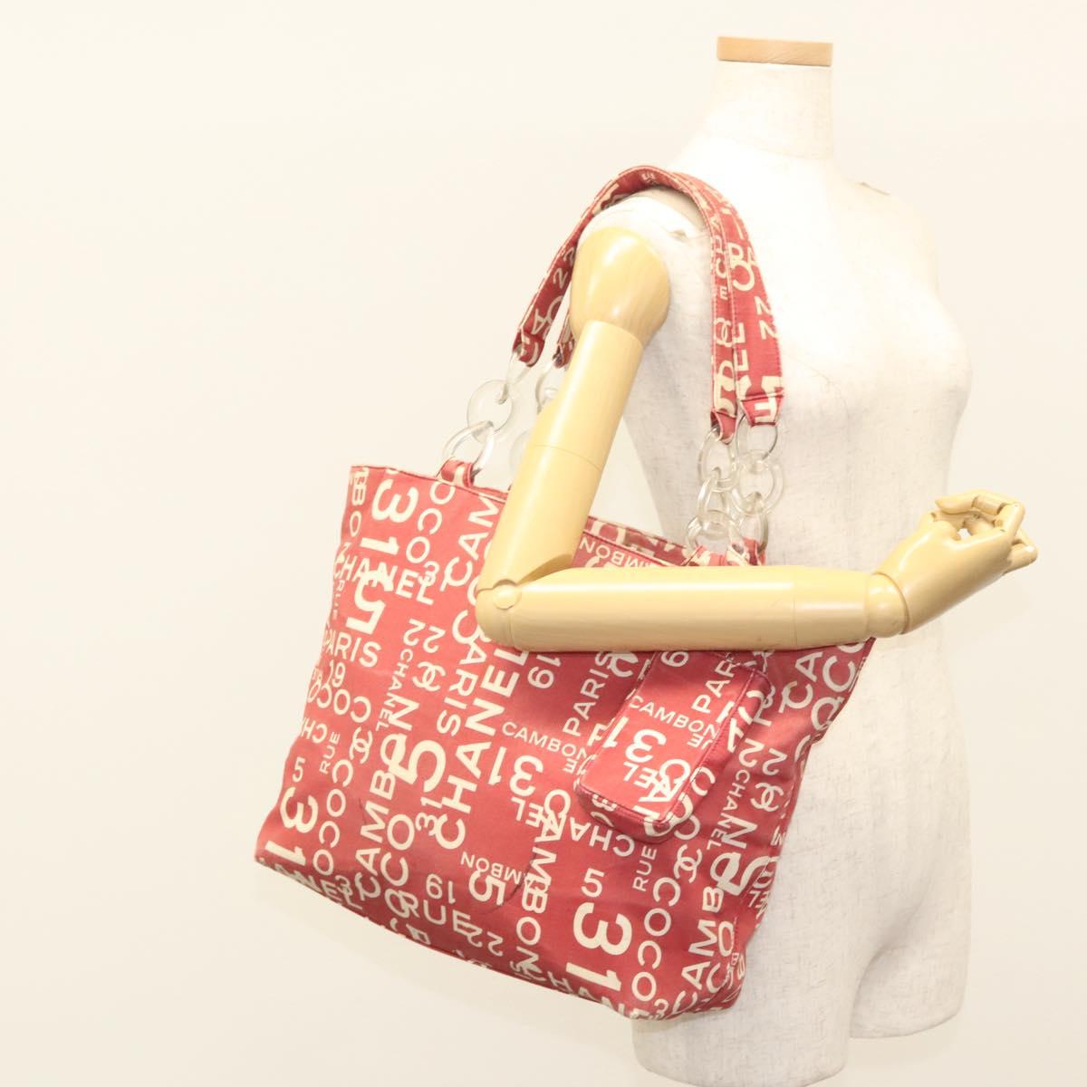 CHANEL Chain Bicy line Tote Bag Canvas Red CC Auth bs25552