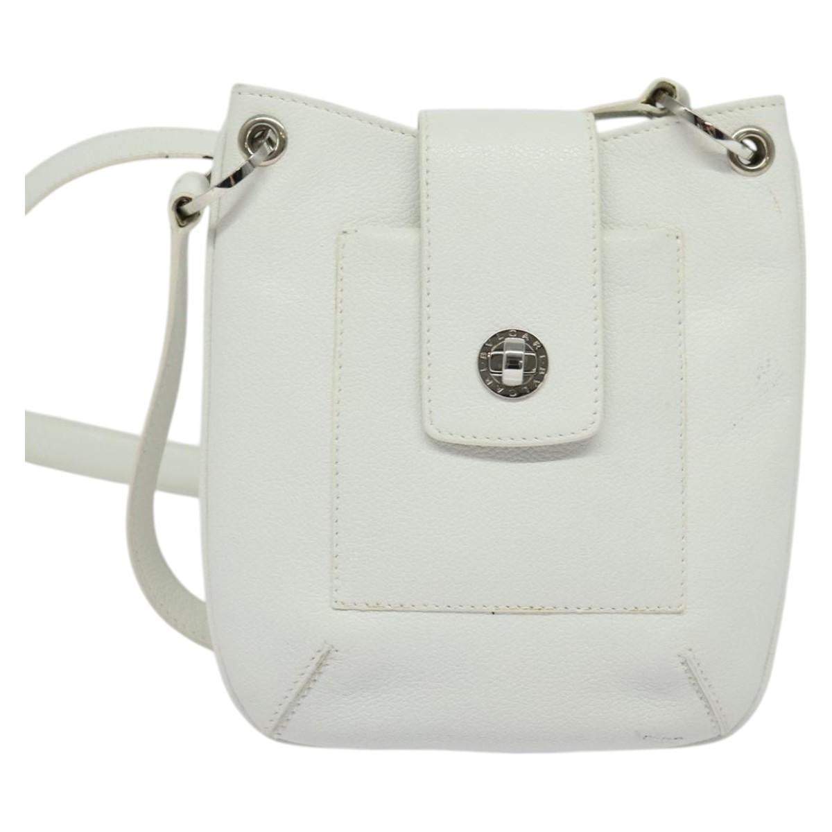 BVLGARI Shoulder Bag Leather White Silver Auth bs25565