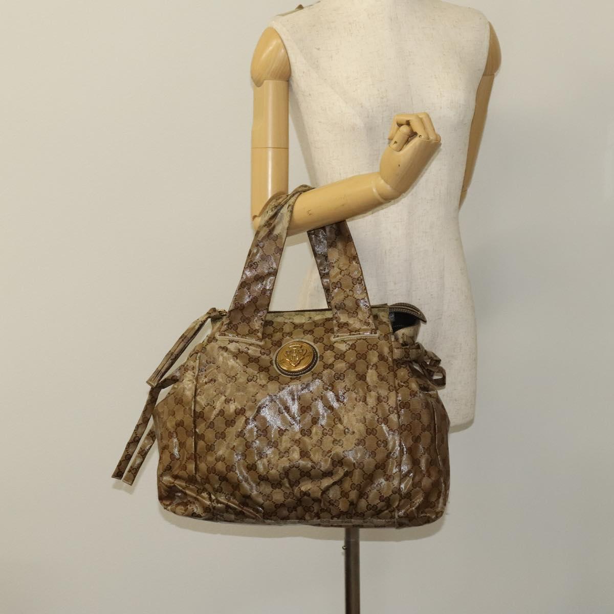 GUCCI GG Crystal Hand Bag Coated Canvas Beige Gold 211843 Auth bs25576