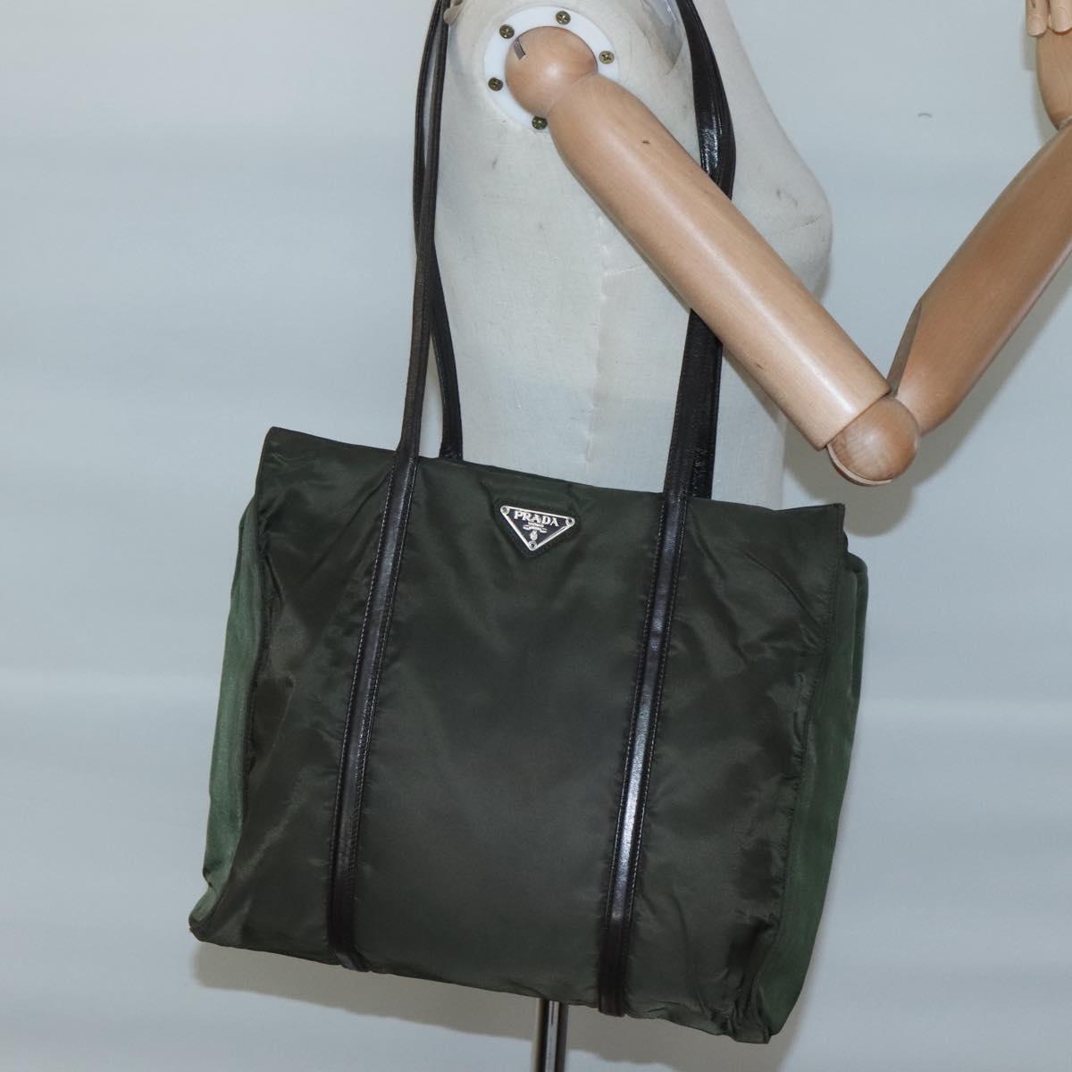 PRADA Shoulder Bag Nylon Khaki Silver Auth bs25613