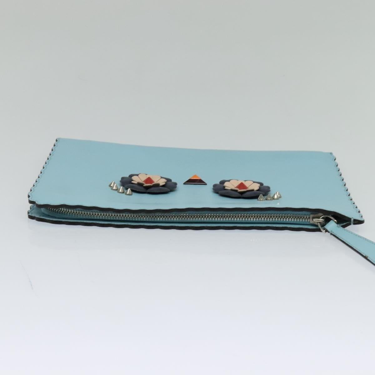 FENDI Clutch Bag Leather Light Blue Auth bs25680