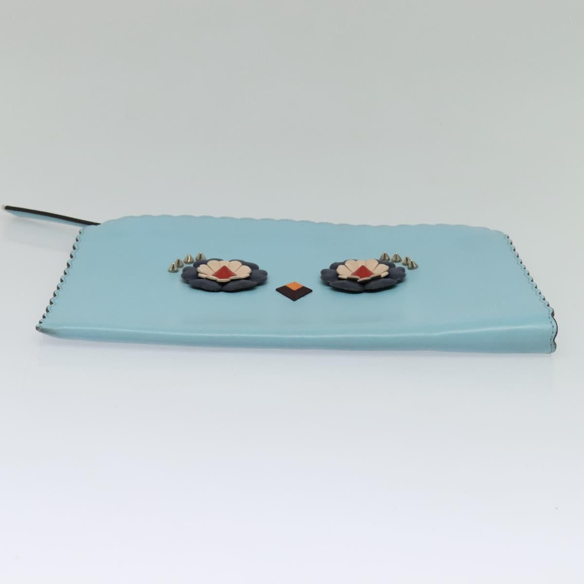 FENDI Clutch Bag Leather Light Blue Auth bs25680