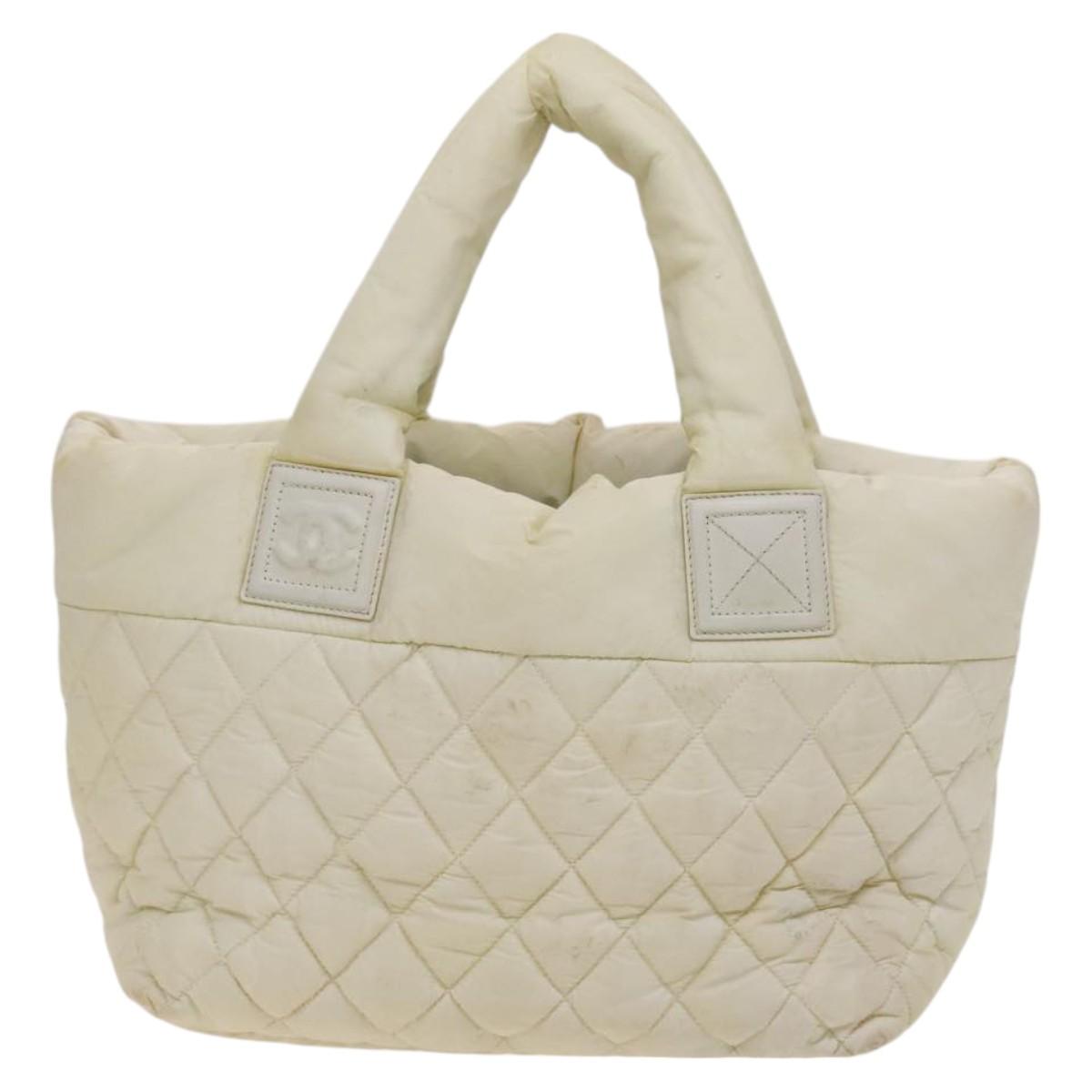 CHANEL Coco Cocoon Hand Bag Nylon White Silver CC Auth bs25763