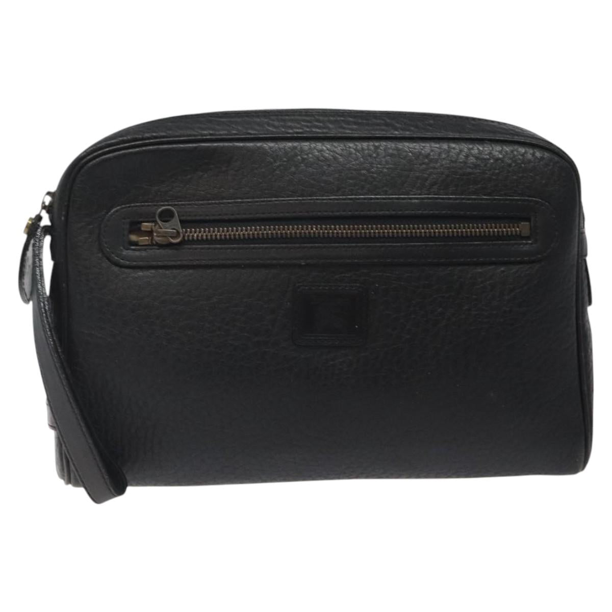 Burberrys Clutch Bag Leather Black Auth bs25815