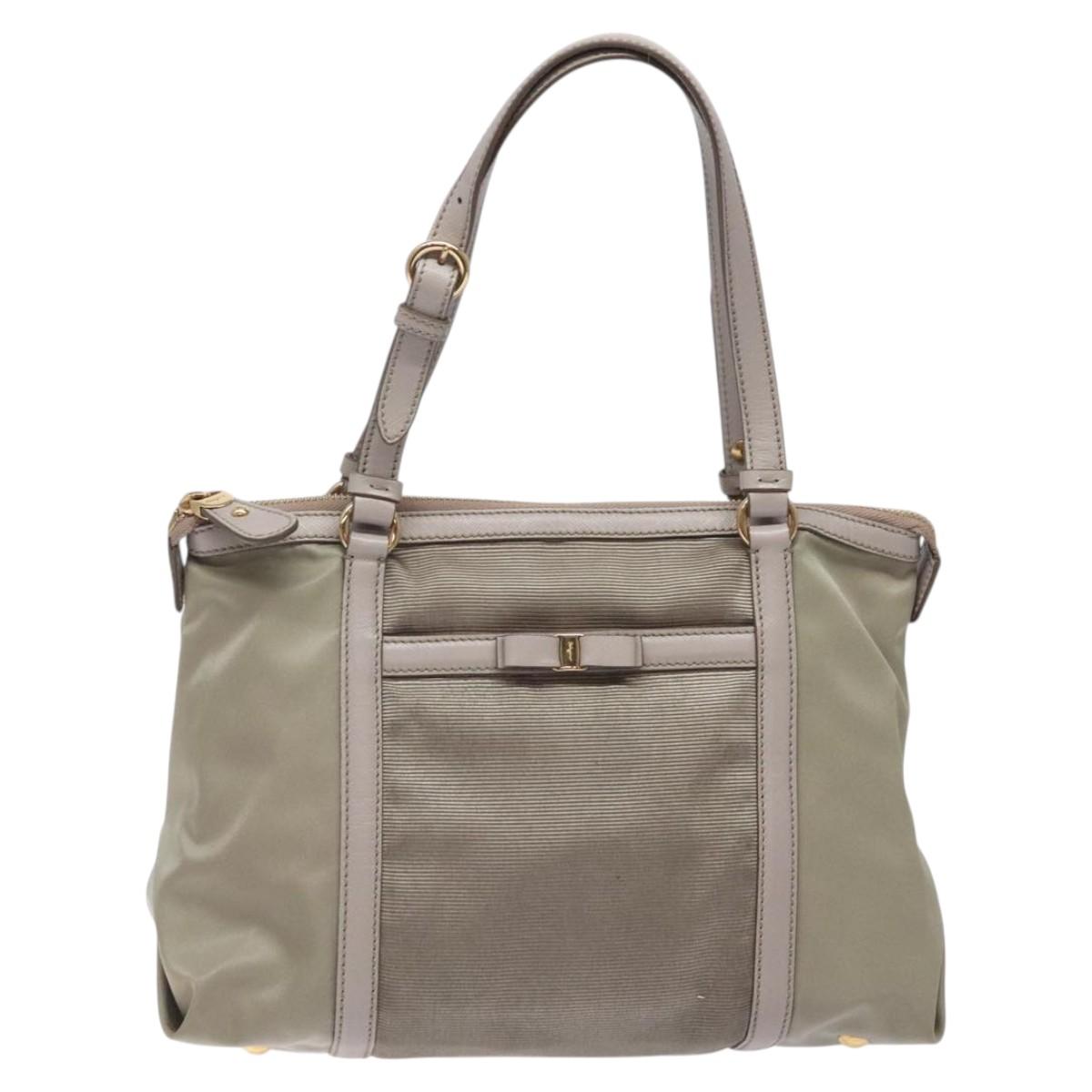 Salvatore Ferragamo Hand Bag Nylon Leather Gray Gold Auth bs25830