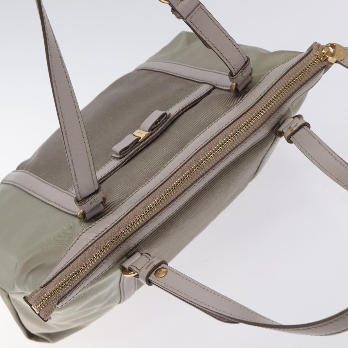 Salvatore Ferragamo Hand Bag Nylon Leather Gray Gold Auth bs25830