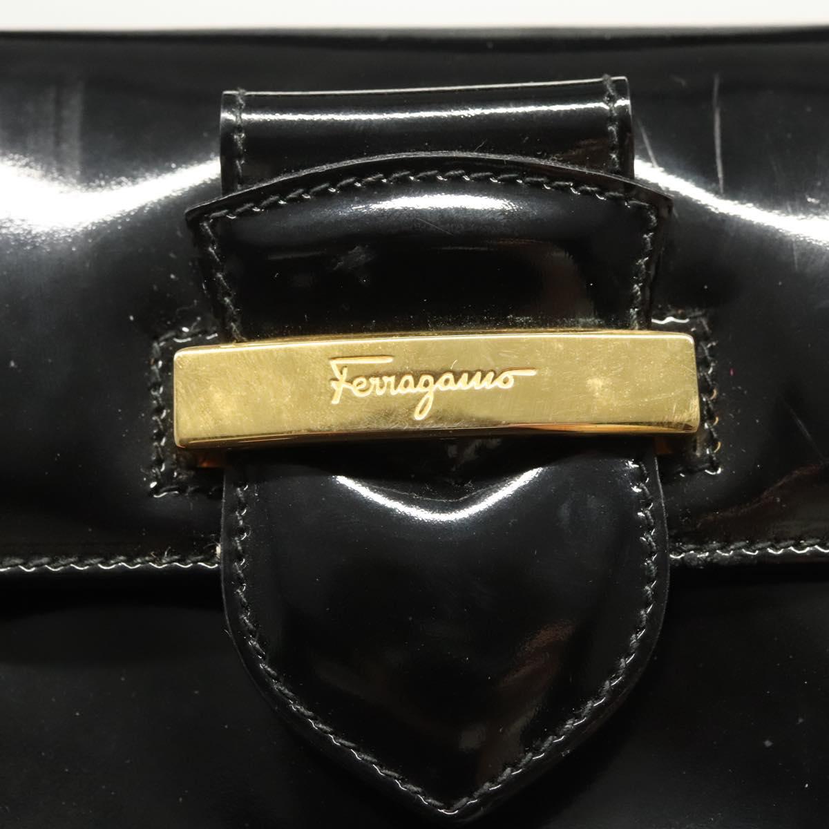 Salvatore Ferragamo Hand Bag Enamel 2way Black Gold Auth bs25832