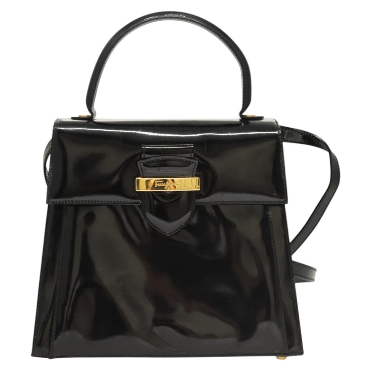 Salvatore Ferragamo Hand Bag Enamel 2way Black Gold Auth bs25832