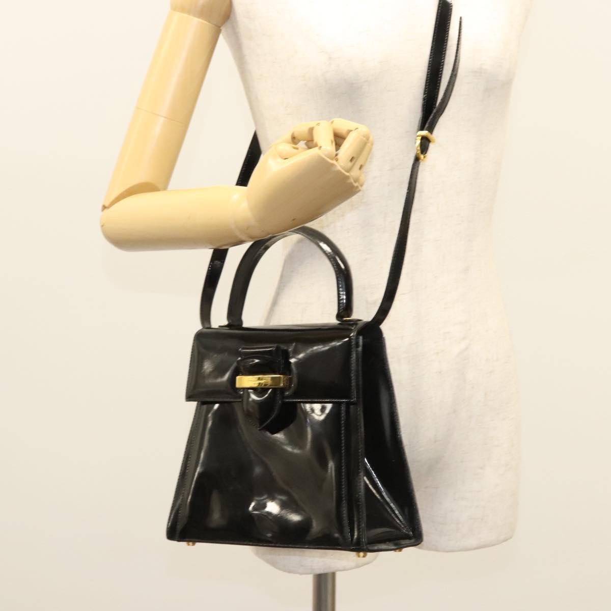 Salvatore Ferragamo Hand Bag Enamel 2way Black Gold Auth bs25832
