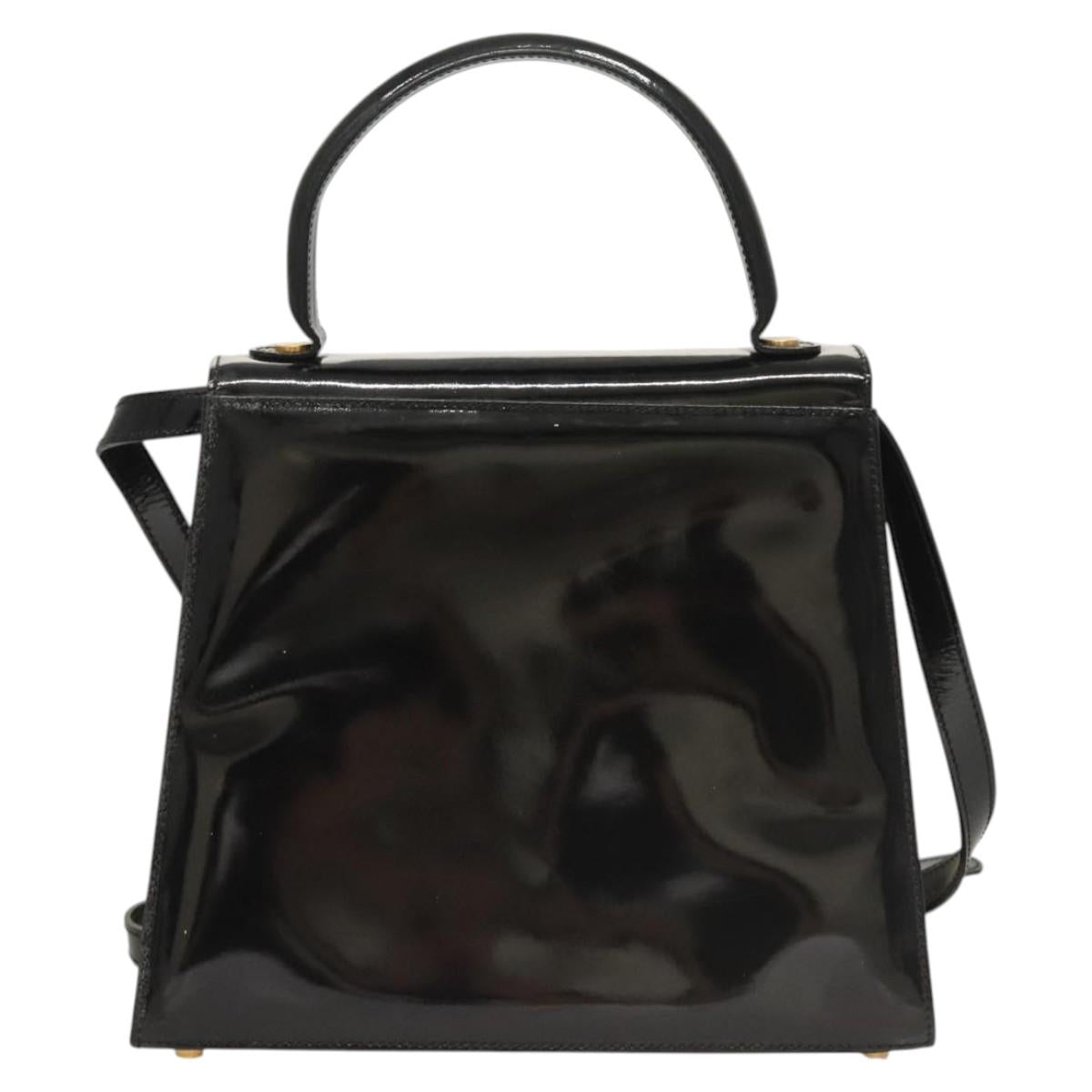 Salvatore Ferragamo Hand Bag Enamel 2way Black Gold Auth bs25832